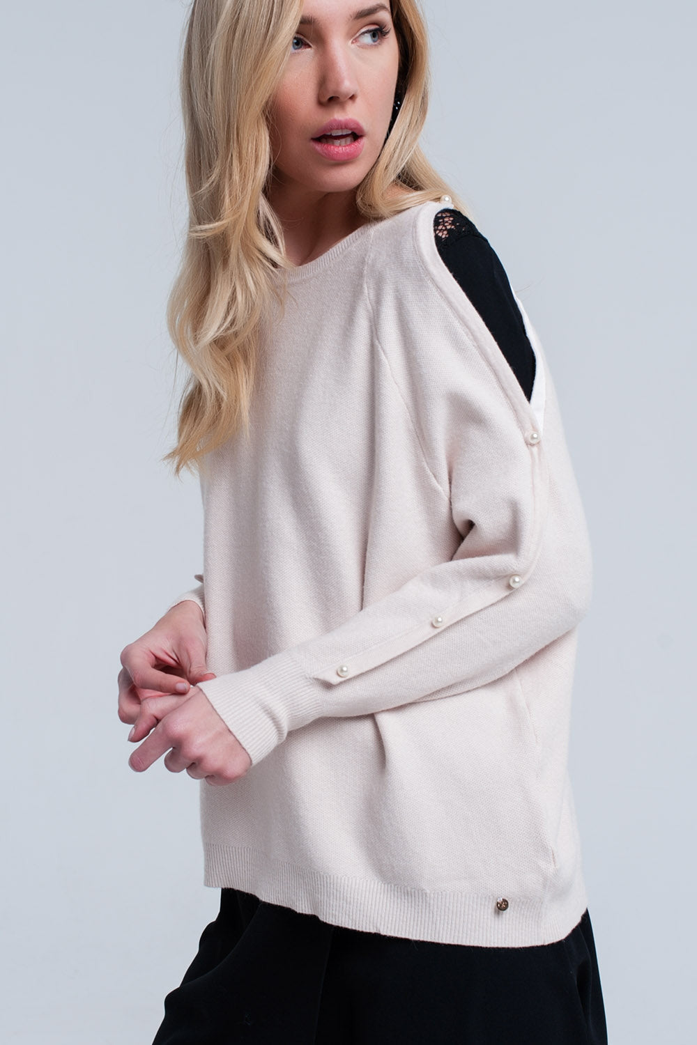Light Pink Pale Knitted Sweater With Pearl Detail