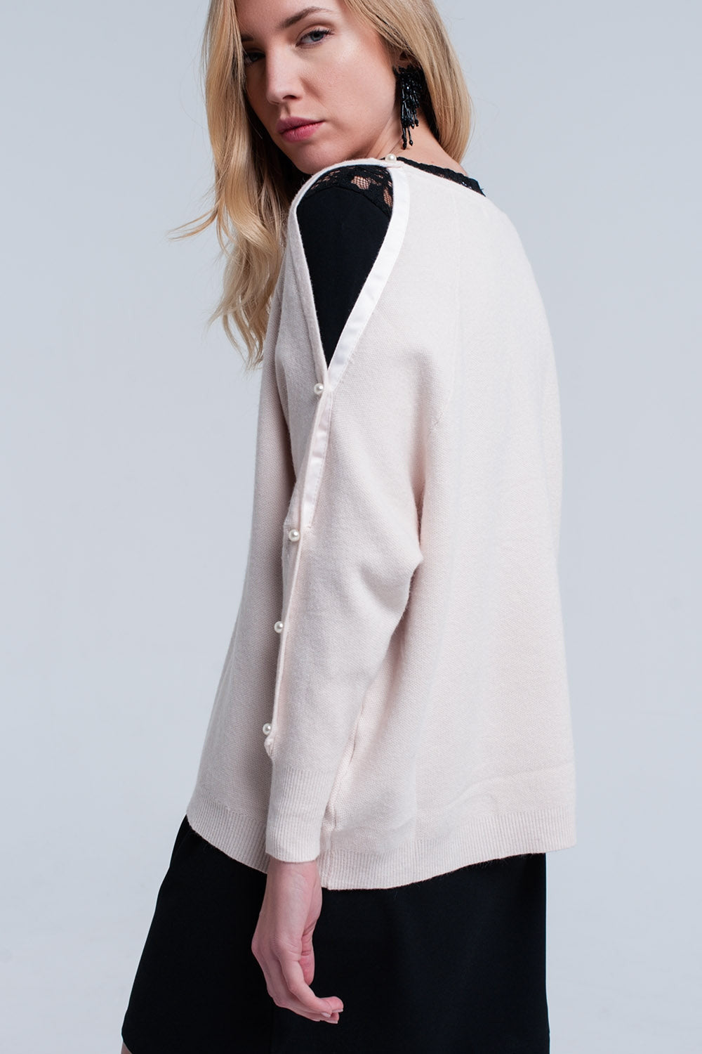 Light Pink Pale Knitted Sweater With Pearl Detail