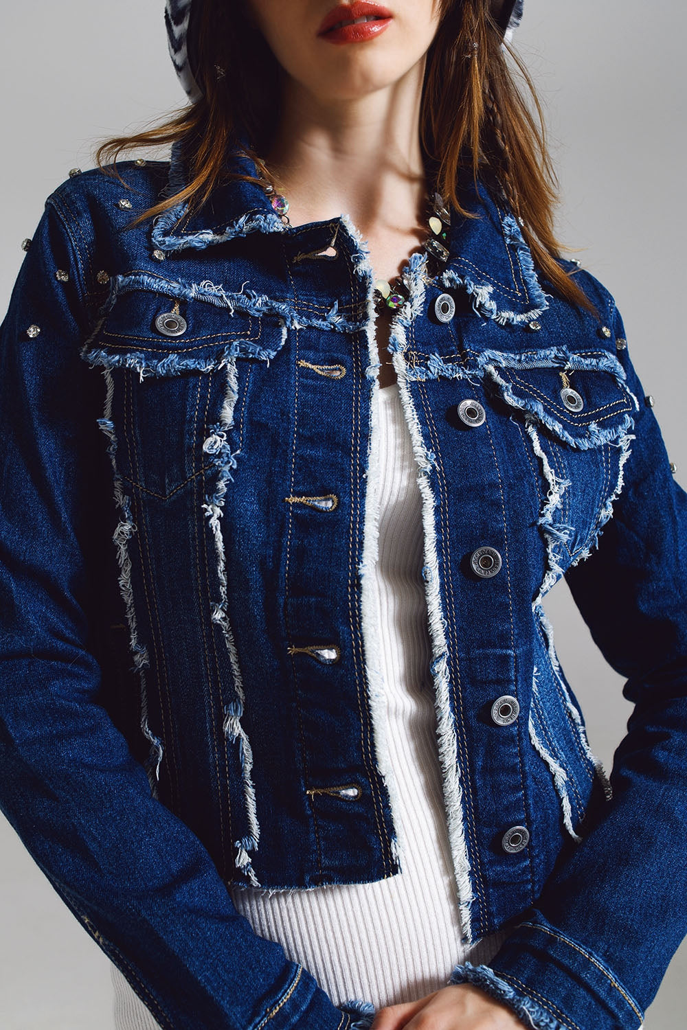 Denim Jacket With Frayed and Embroidered Details in Midwash
