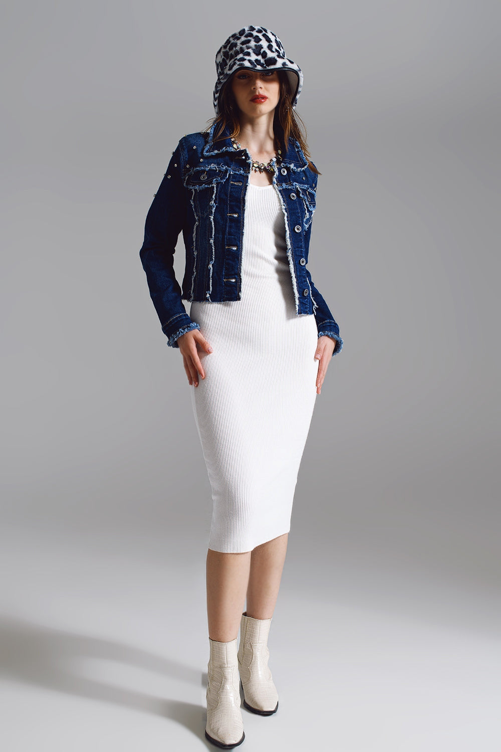 Denim Jacket With Frayed and Embroidered Details in Midwash