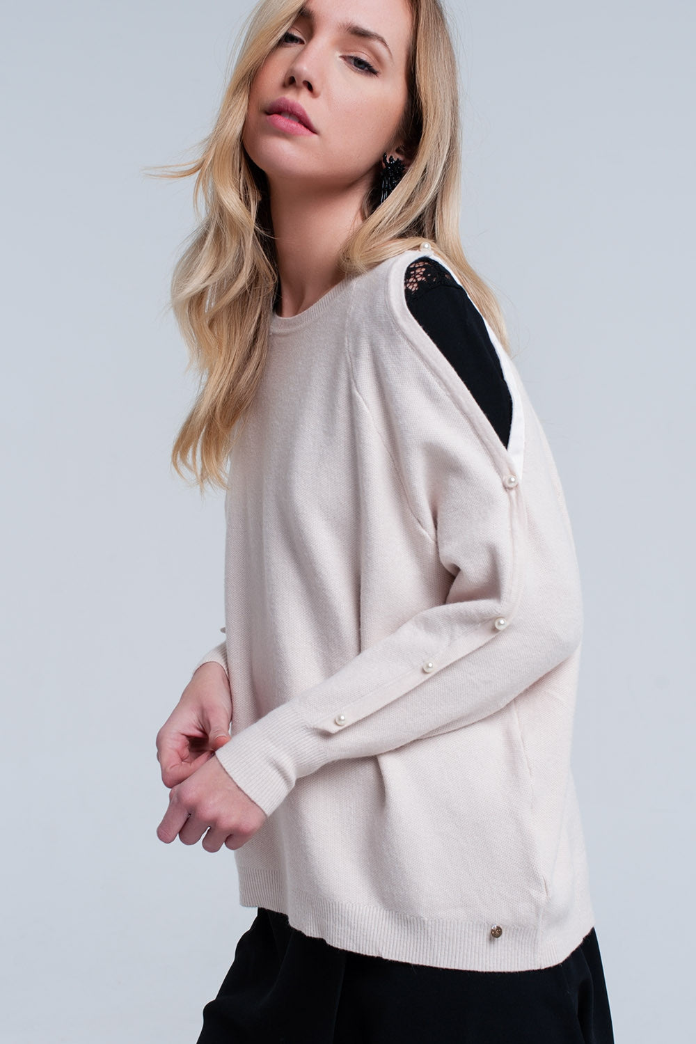 Light Pink Pale Knitted Sweater With Pearl Detail