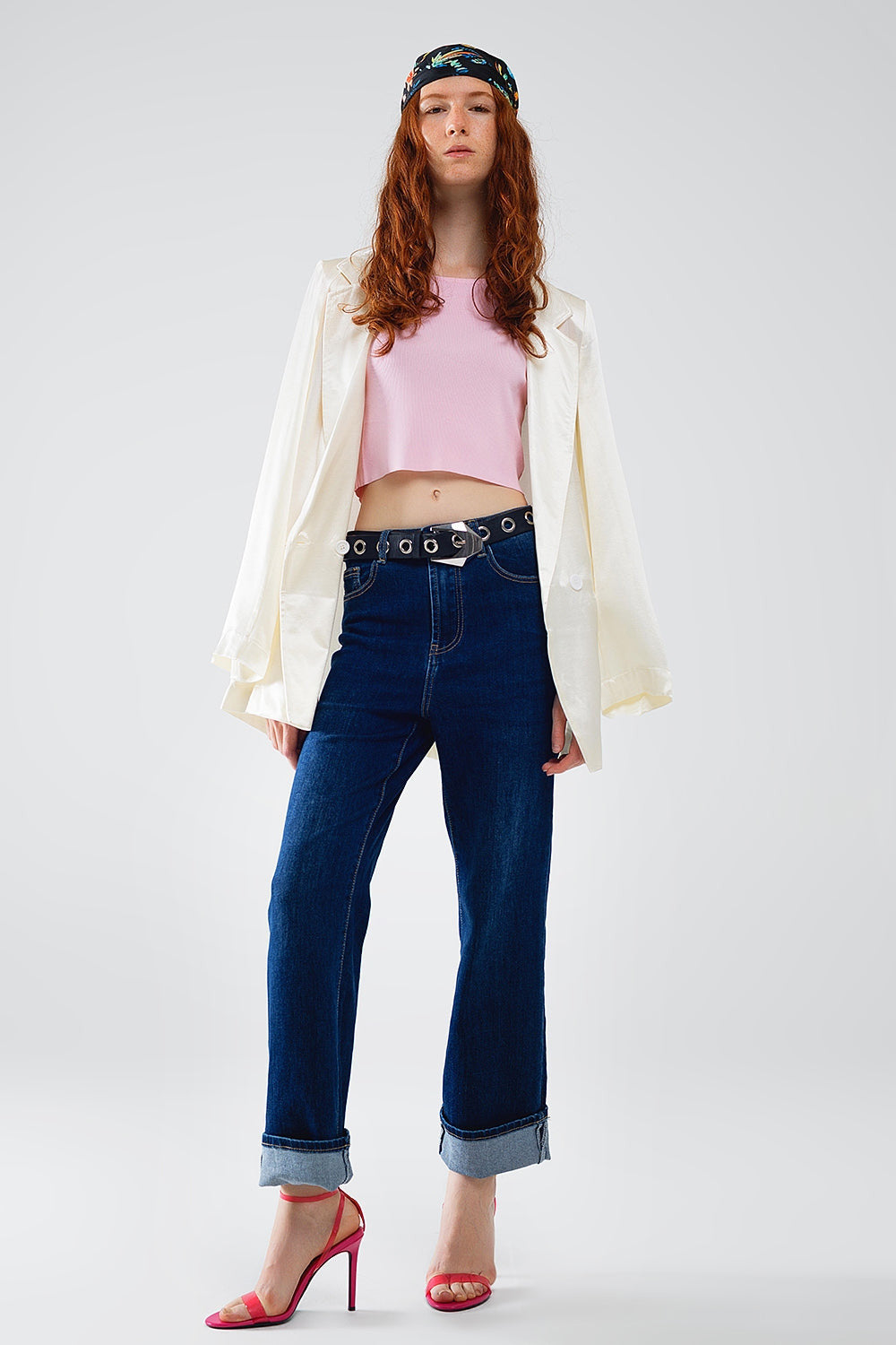 Dark Blue Denim Straight Jeans With Folded Hem
