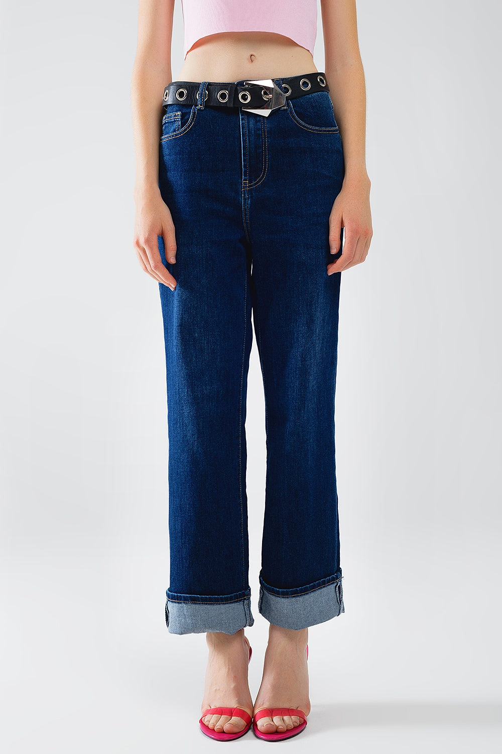 Dark Blue Denim Straight Jeans With Folded Hem