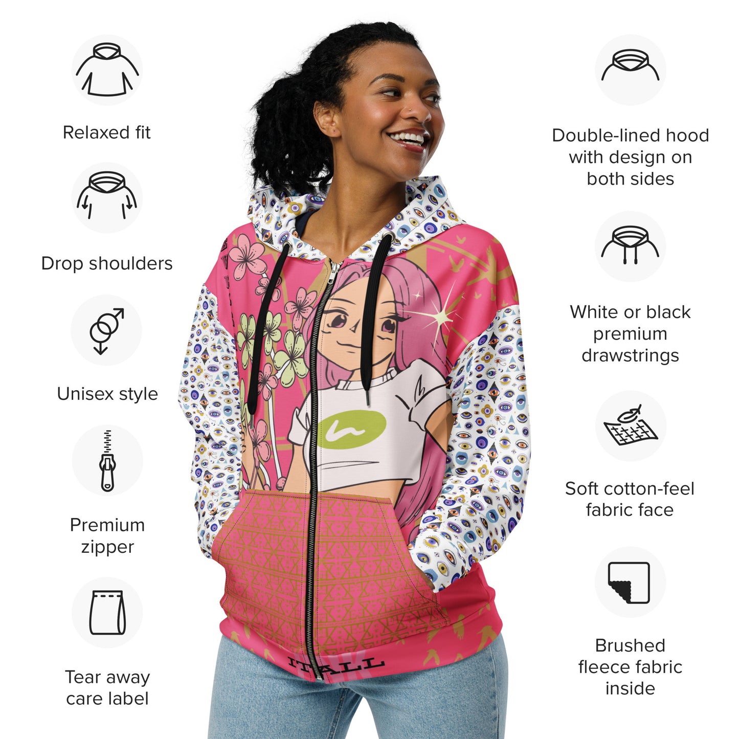 Iconic Greek Evil Eye Aphrodite Pink It All Collection Zip Hoodie