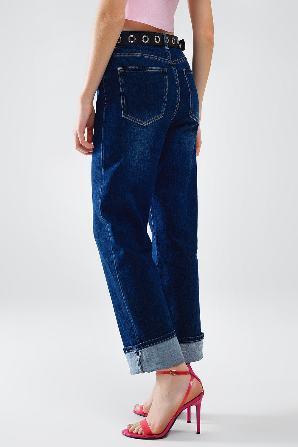 Dark Blue Denim Straight Jeans With Folded Hem