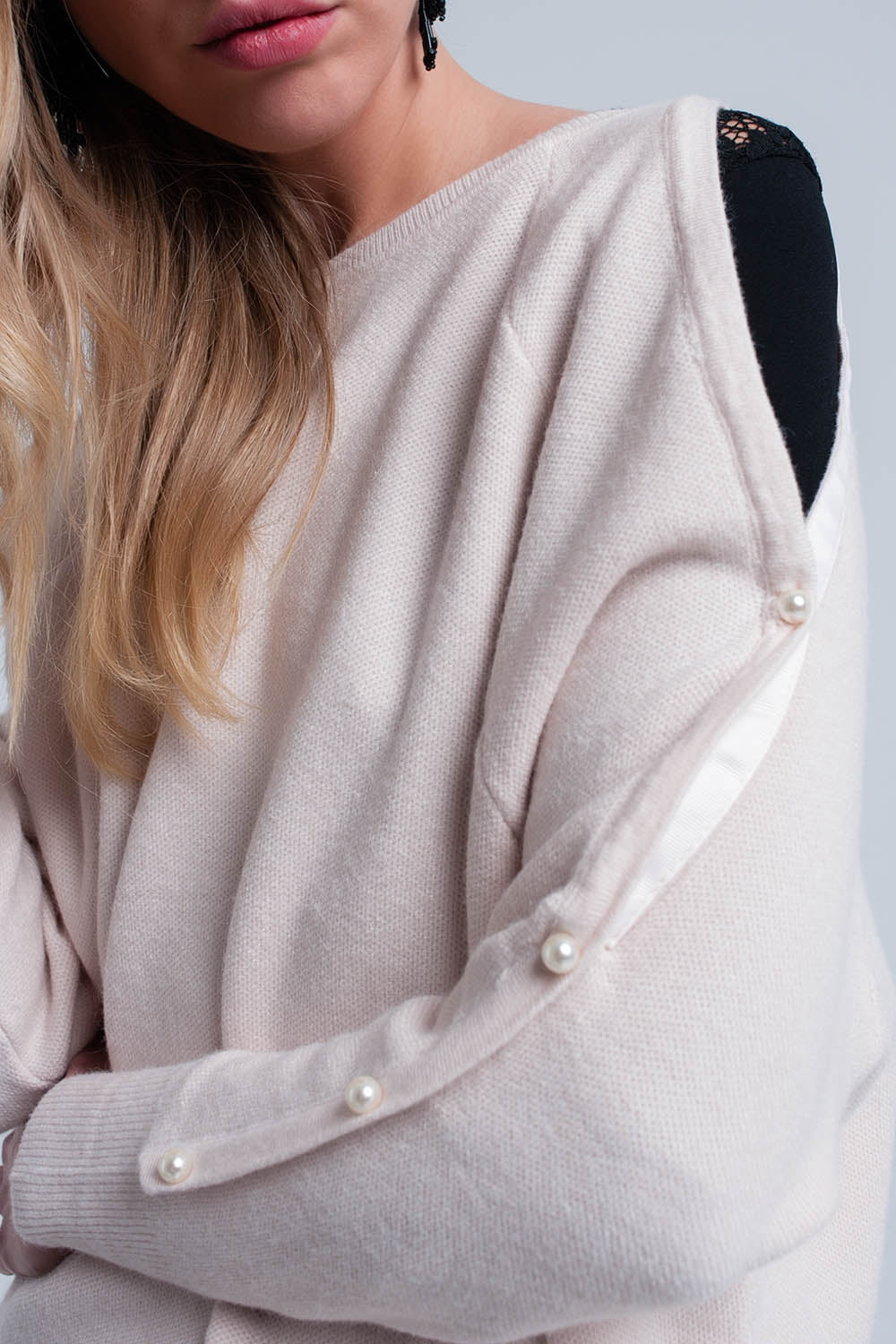 Light Pink Pale Knitted Sweater With Pearl Detail