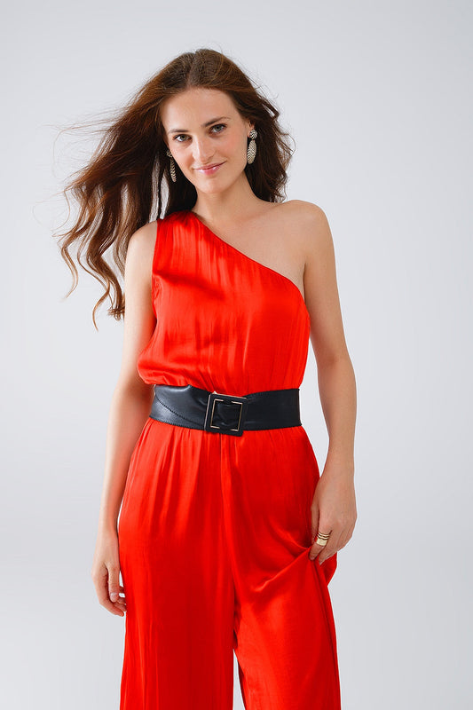 Drapped One Shoulder Jumpsuit With Cinched Waist in Red